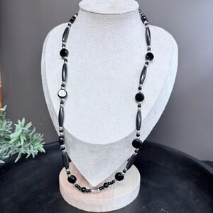 Black & Silver Beaded Necklace 22 In | Toggle | Gothic Minimalist | Witchy